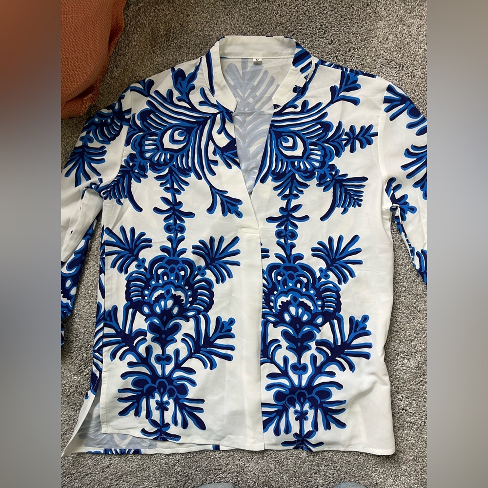Blue and White Patterned Blouse
